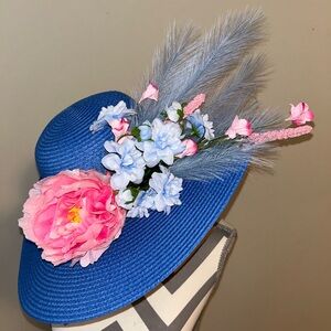 Handmade Powder Blue & Baby Pink Never Worn Derby 17” Brim Peony Floral Hat